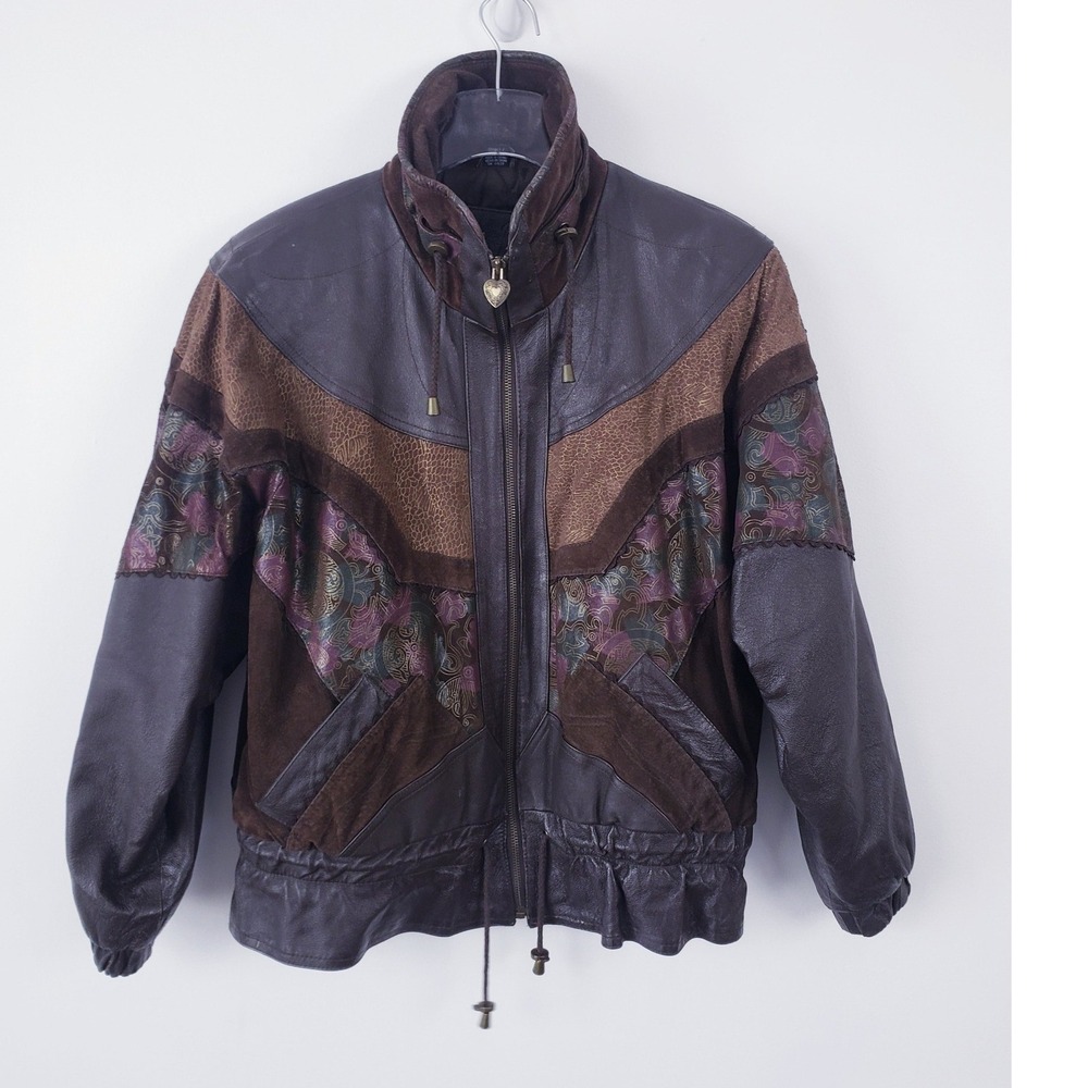 Jacqueline Ferrar Brown Leather Suede Patchwork Paisley Bomber Womens Medium